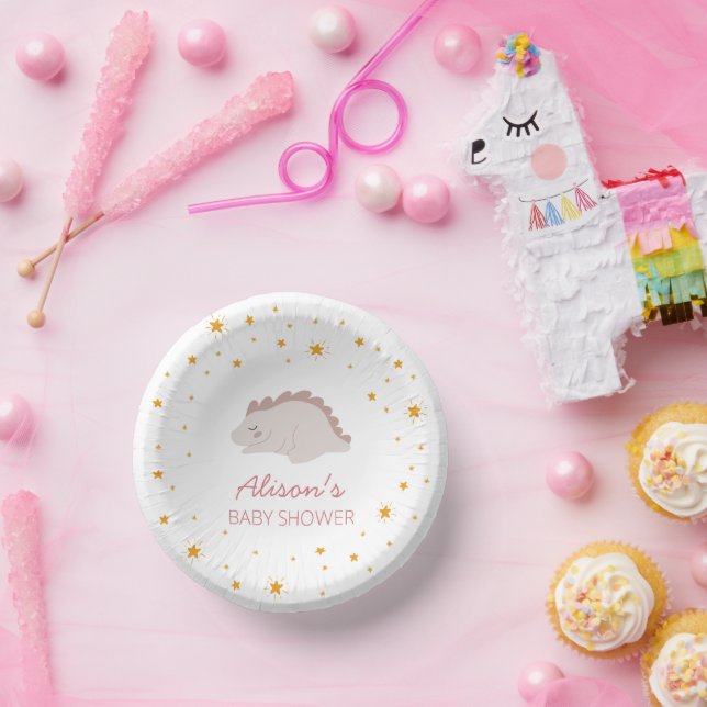 Pink Dinosaur Twinkle Star Baby Shower Girl Party  Paper Plate (Party)