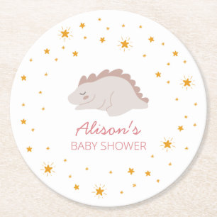 Pink Dinosaur Twinkle Star Baby Shower Girl Party  Round Paper Coaster