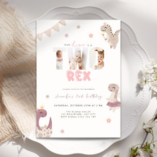 Pink Dinosaur Two Rex 2nd Birthday Photo Invitation