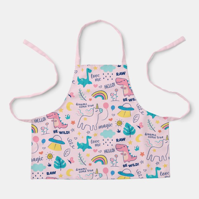 Pink Dinosaur Unicorn Rainbow Girls Apron (Front)