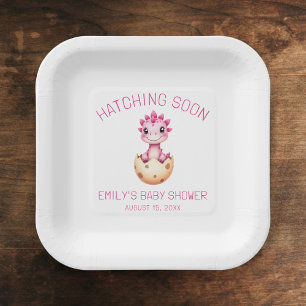 Pink Dinosaur Watercolor Hatching Soon Baby Shower Paper Plate
