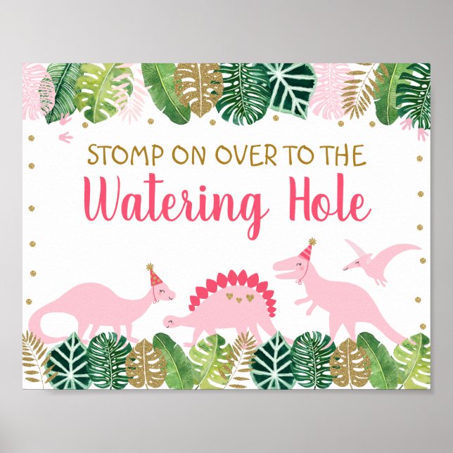 Pink Dinosaur Watering Hole Birthday Table Sign (Front)