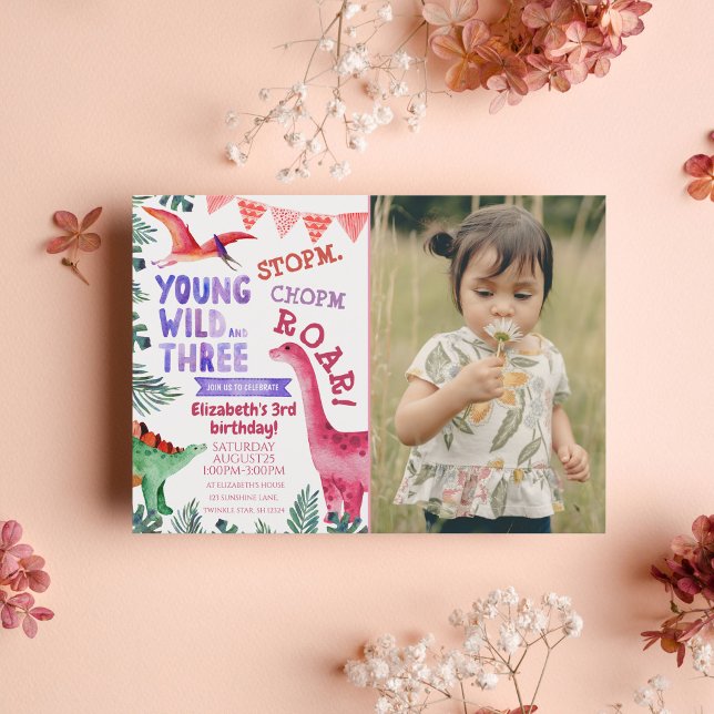 Pink Dinosaur Young Wild &Three Watercolor Photo  Invitation (Creator Uploaded)