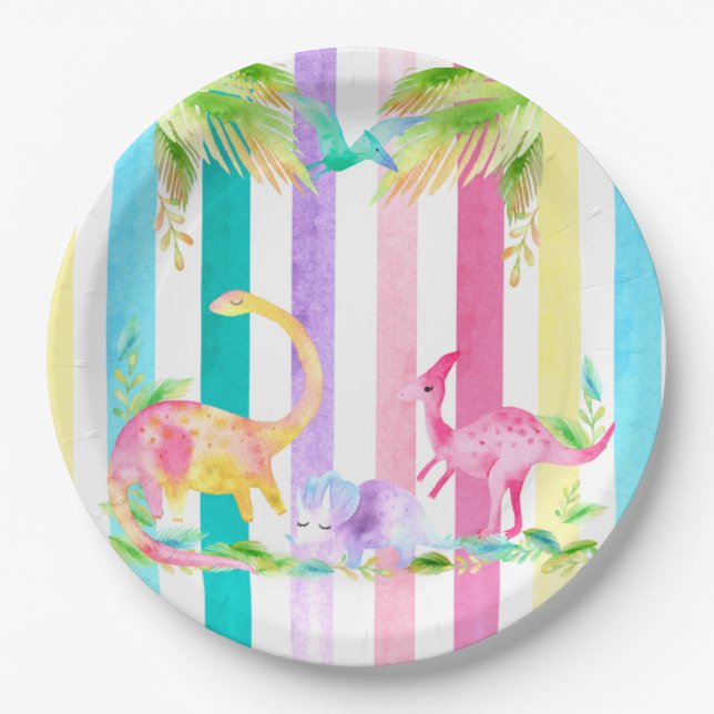 Pink Dinosaurs and pastel stripes Paper Plate (Front)