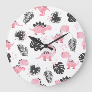 Pink Dinosaurs: Cute Kids Pattern. Large Clock