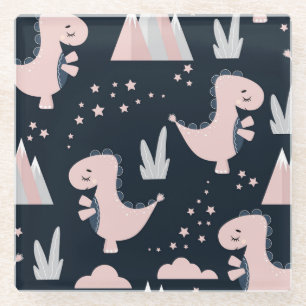 Pink dinosaurs, dark background, cute glass coaster