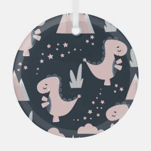 Pink dinosaurs, dark background, cute glass tree decoration