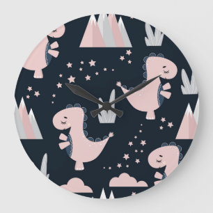 Pink dinosaurs, dark background, cute large clock