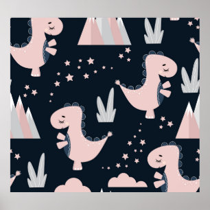Pink dinosaurs, dark background, cute poster