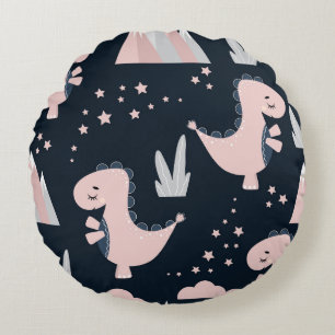 Pink dinosaurs, dark background, cute round cushion