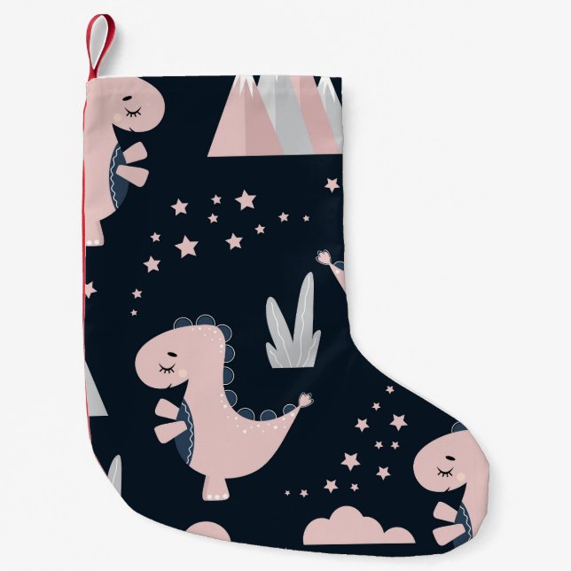 Pink dinosaurs, dark background, cute small christmas stocking (Front)
