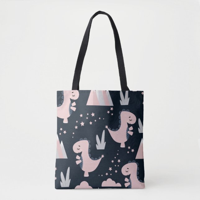 Pink dinosaurs, dark background, cute tote bag (Front)