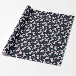 Pink dinosaurs, dark background, cute wrapping paper