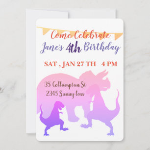Pink Dinosaurs Flags Kid Birthday Invitations Card
