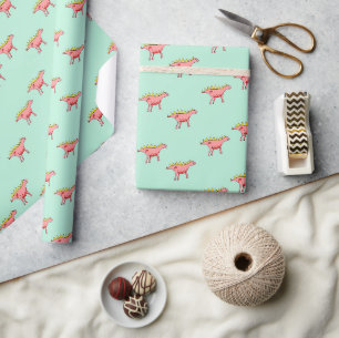 Pink dinosaurs pattern on pale blue wrapping paper
