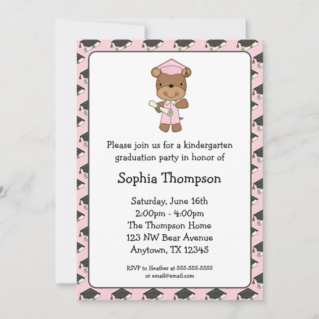Pink Diploma Bear Girl Graduation Invitation (Front)