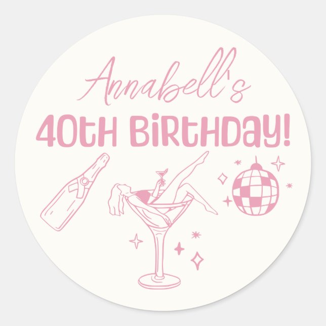 Pink Disco 40th Birthday Party Hand Drawn Doodle Classic Round Sticker (Front)