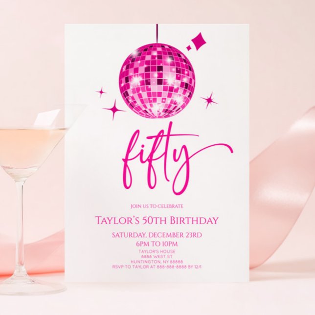 Pink Disco Ball Fifty 50th Birthday Party Invitation (Creator Uploaded)