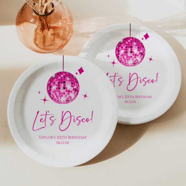 Pink Disco Ball Let's Disco Birthday Party Paper Plate (Creator Uploaded)