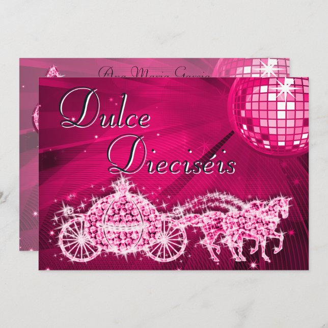 Pink Disco Ball, Princess Coach & Horses Sweet 16 Invitation (Front/Back)