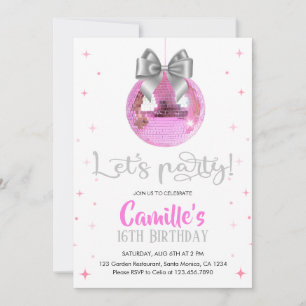 Pink Disco Ball   Silver bow Birthday  Invitation