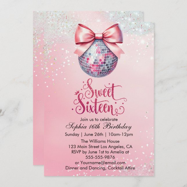 Pink Disco Ball Sweet Sixteen  Invitation (Front/Back)
