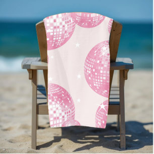 Pink Disco Balls and White Stars Retro Pattern Beach Towel