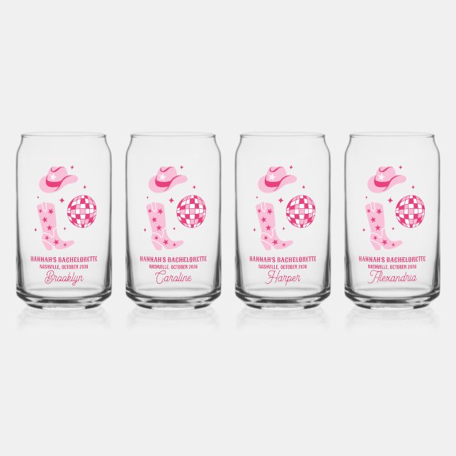 Pink Disco Cowgirl Bachelorette Party Favour Glass (Front)