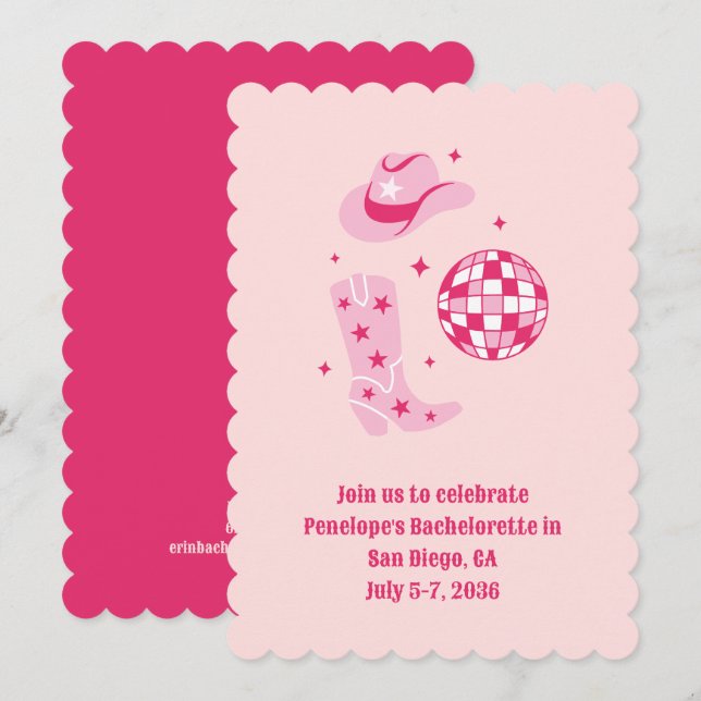 Pink Disco Cowgirl Bachelorette Party Invite (Front/Back)