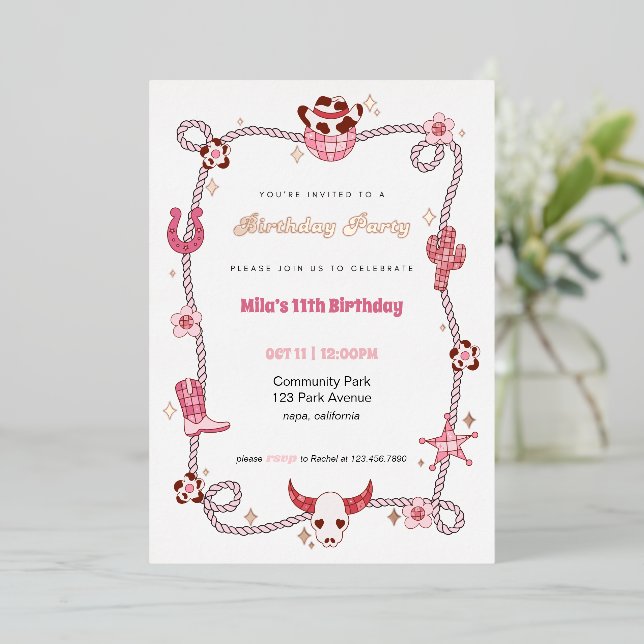 Pink Disco Cowgirl Foil Birthday Invitation (Standing Front)
