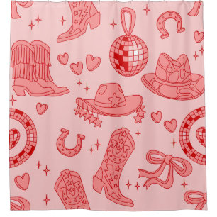 pink disco cowgirl hat country rodeo western retro shower curtain