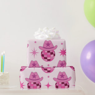 Pink Disco Cowgirl Hat Pattern with Stars Wrapping Paper