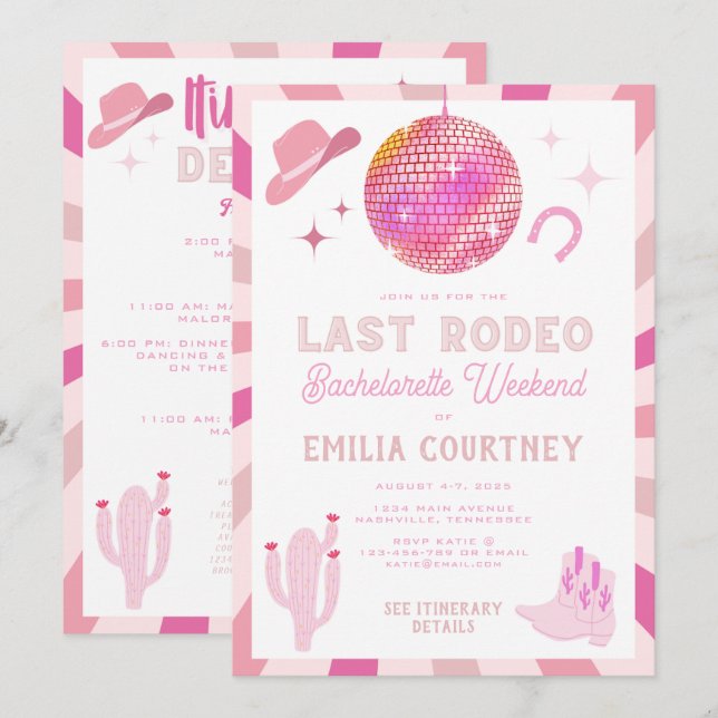 Pink Disco Cowgirl Last Rodeo Bachelorette Weekend Invitation (Front/Back)