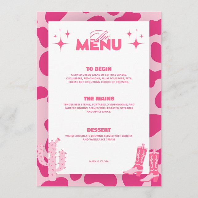 Pink Disco Cowgirl Retro Wedding Menu Cards (Front)