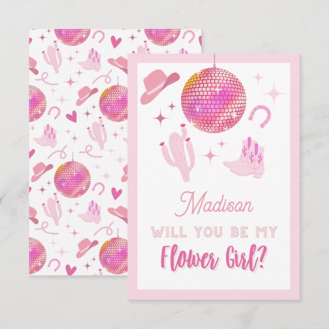 Pink Disco Cowgirl Rodeo Be my Flower Girl Enclosure Card (Front/Back)