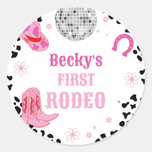 Pink Disco First Rodeo Cowgirl 1st Birthday  Classic Round Sticker (Front)