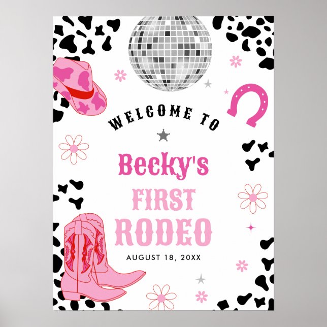 Pink Disco First Rodeo Girl 1st Birthday Welcome Poster (Front)