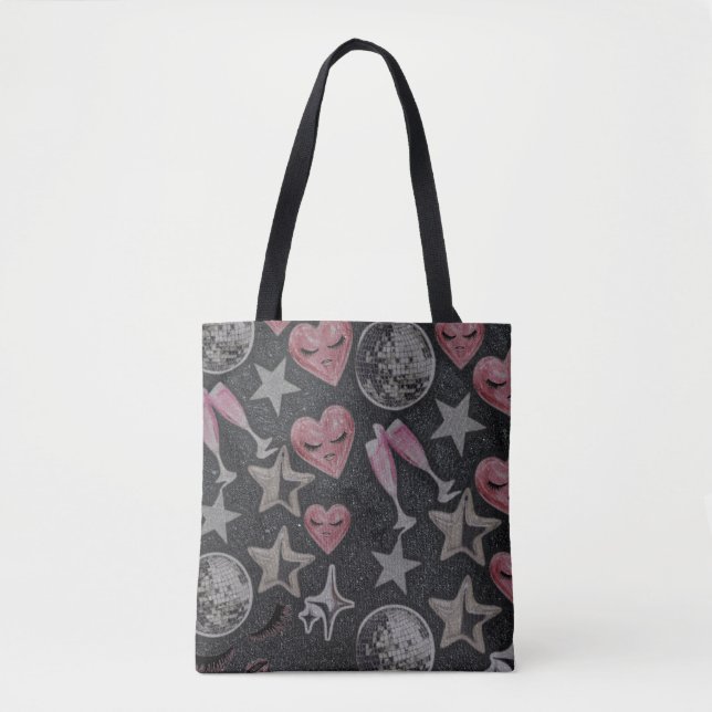 Pink Disco Hearts Tote Bag | Glam Night Love Patte (Front)