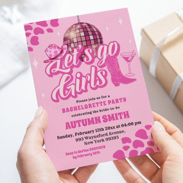 Pink Disco Let's Go Girls Rodeo Bachelorette Party Invitation (Creator Uploaded)