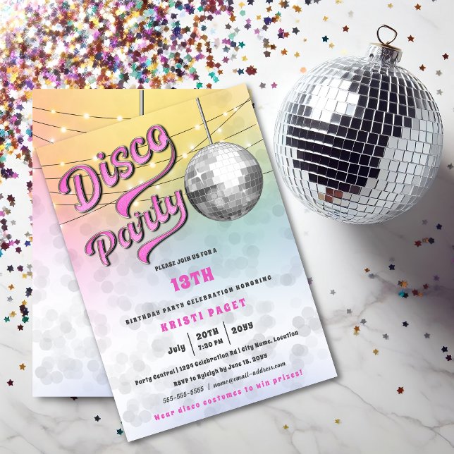 Pink Disco Party Birthday Invitation (Fun disco party invitation front and back view.)