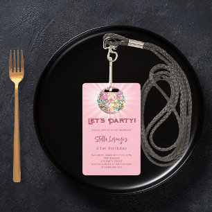 Pink disco party birthday invitation ID badge
