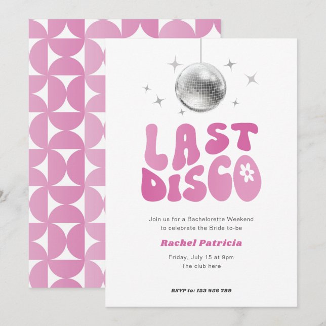Pink disco themed, last disco bachelorette party invitation (Front/Back)