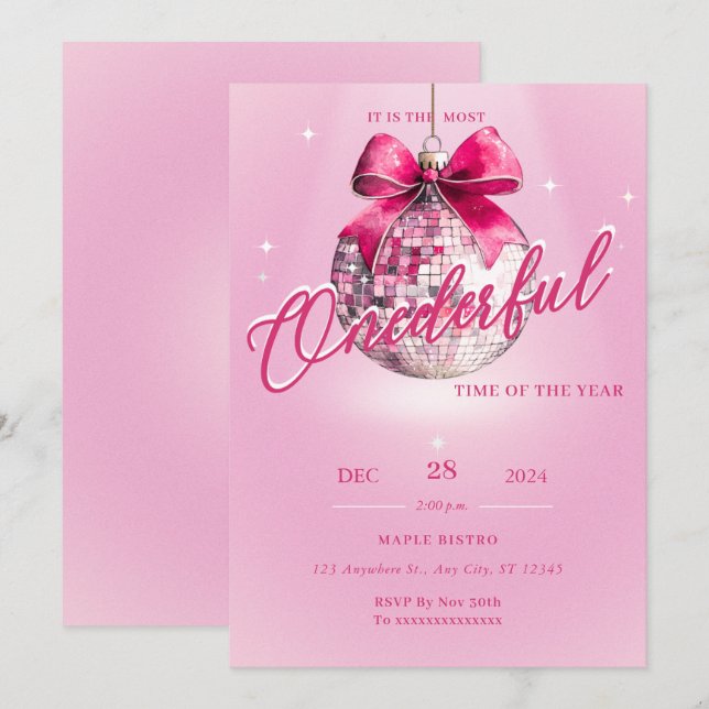 Pink Discoball Onederful Birthday Invitation (Front/Back)