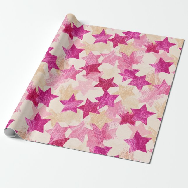 Pink Distressed Star Seamless Pattern Wrapping Paper (Unrolled)