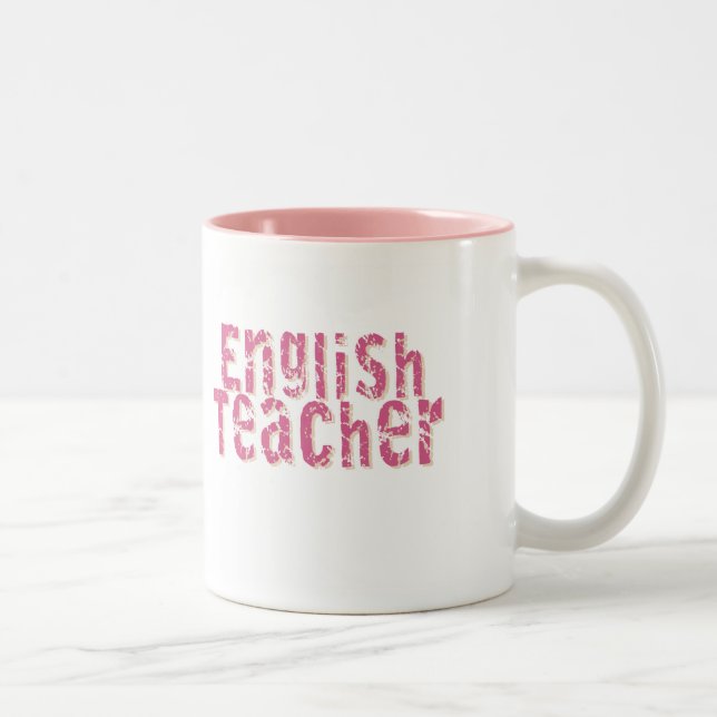 Pink Distressed Text English Teacher Two-Tone Coffee Mug (Right)