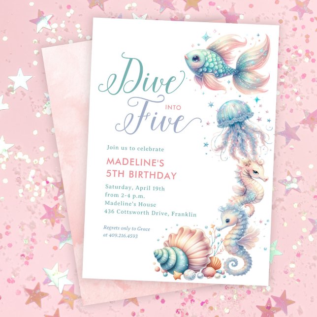 Pink Dive Into Five Mermaid 5th Birthday  Invitation (Creator Uploaded)