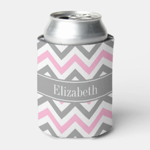 Pink Dk Grey White LG Chevron Grey Name Monogram Can Cooler