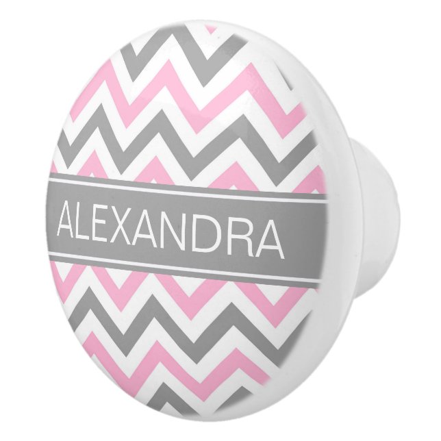 Pink Dk Grey White LG Chevron Grey Name Monogram Ceramic Knob (Right)