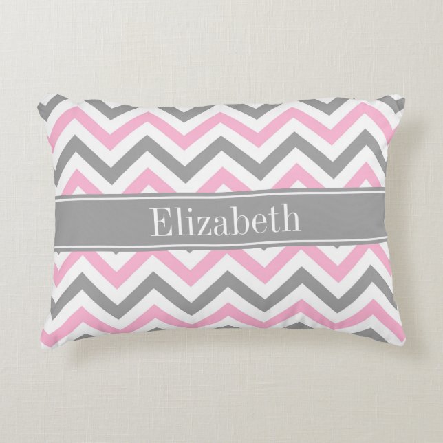 Pink Dk Grey White LG Chevron Grey Name Monogram Decorative Cushion (Front)
