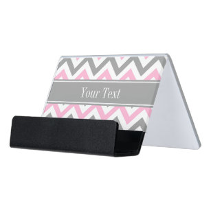 Pink Dk Grey White LG Chevron Grey Name Monogram Desk Business Card Holder